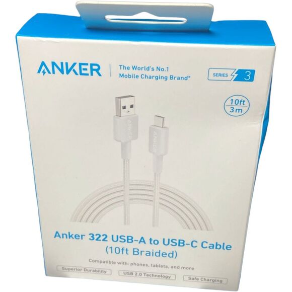 Anker 322 USB-A to USB-C Cable 10ft Braided White Fast Charging New Sealed - Picture 1 of 9